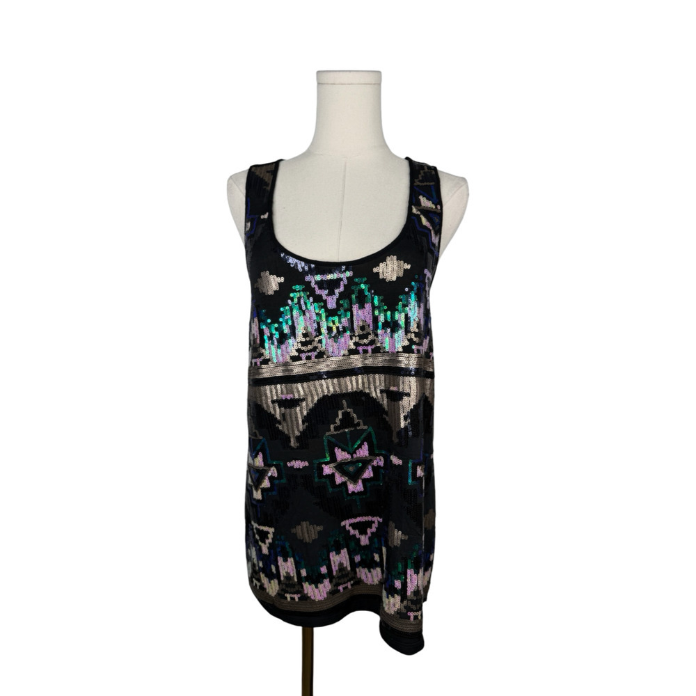 Daytrip Women's Black Tank Top with Multi-Color Aztec Sequin Sz. L